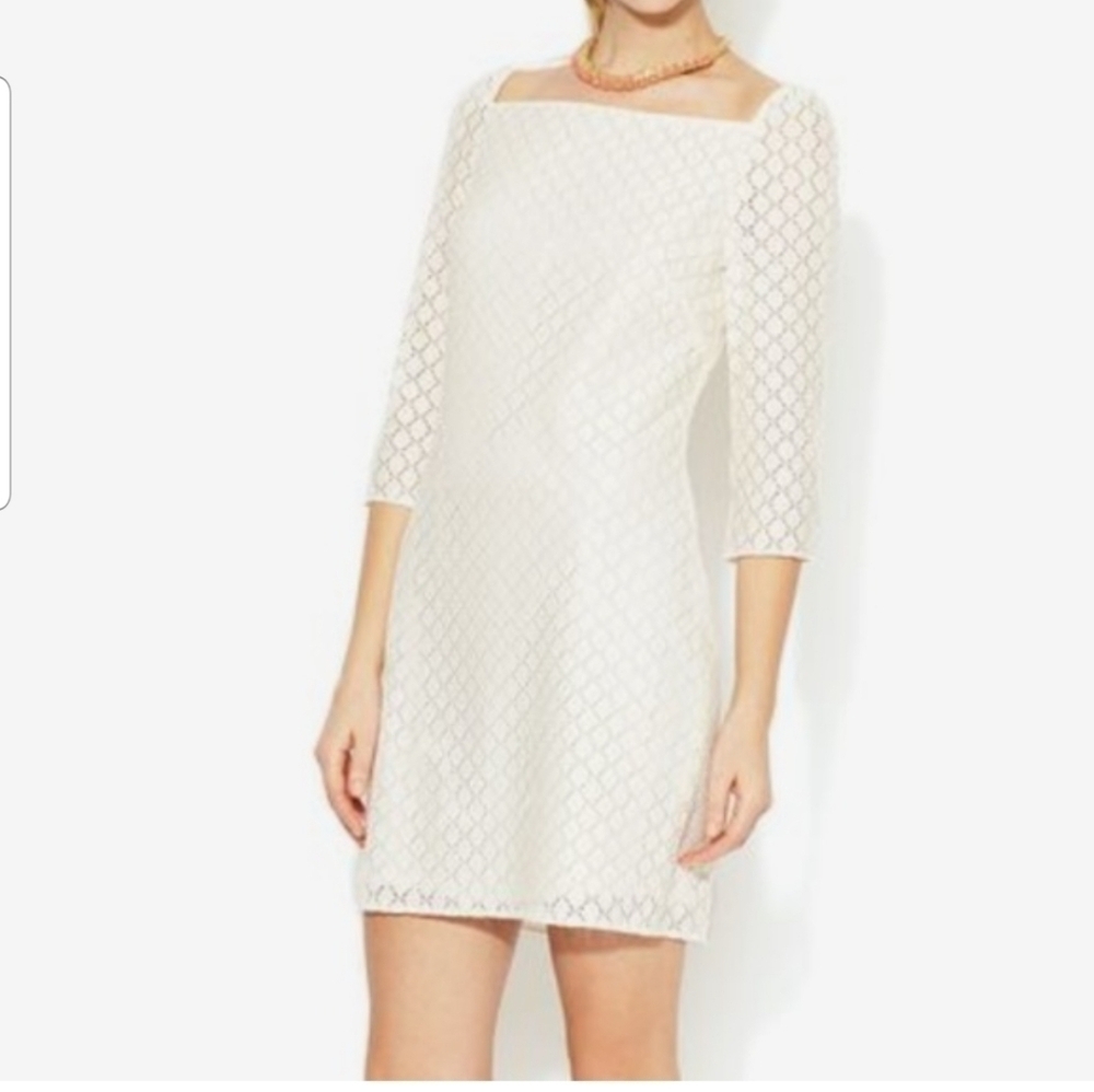Trina Turk Nan Ivory Lace Shift Dress 3/4 Sleeves Size S Gold Metallic